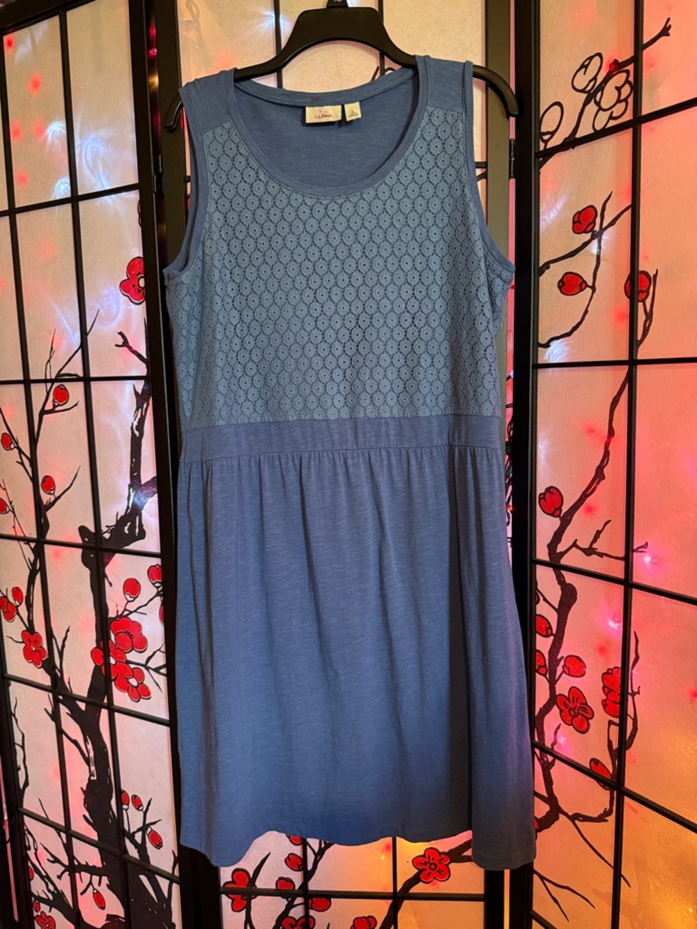 L L Bean Blue Sleeveless Scoop Neck Eyelet Bodice Dress